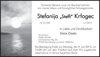 Traueranzeige von Stefanija Krfogec von Pegnitz-Zeitung